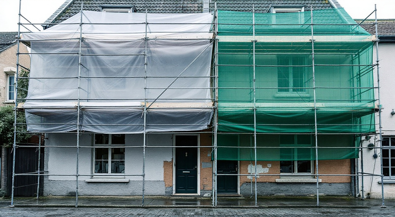 Échafaudage de façade dont une moitié est couverte d'une bâche blanche tendue et l'autre d'un filet vert ajouré