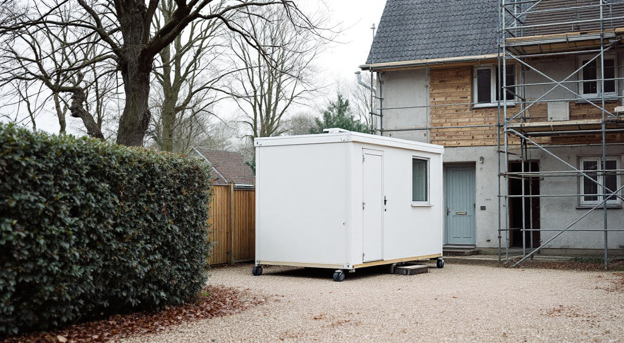 Cabine sanitaire de chantier posée sur une allée gravillonnée, devant une façade sous échafaudage.