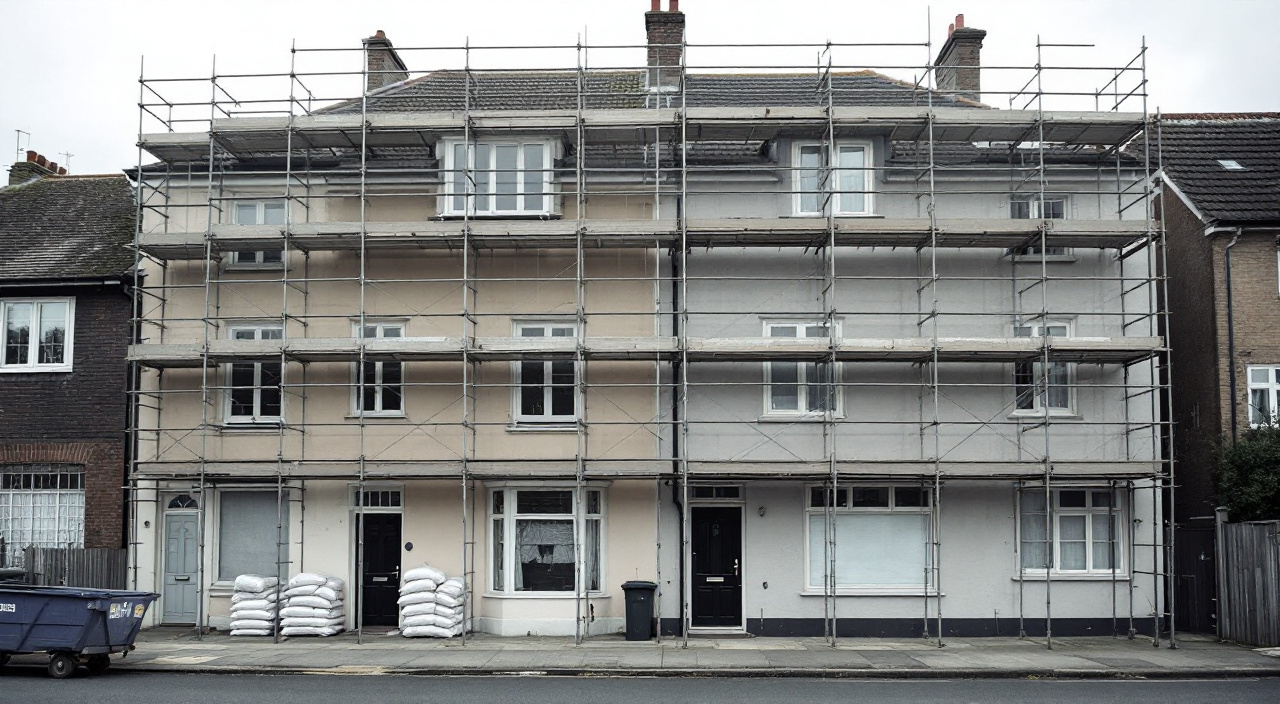 Échafaudage continu montant sur deux maisons mitoyennes identiques, une façade ravalée et l'autre non