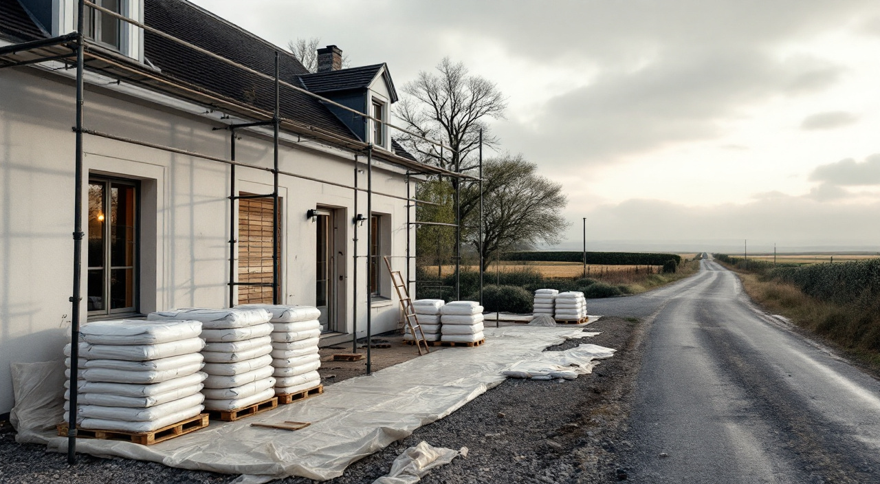 Échafaudage et palettes de sacs d'enduit livrées en une fois devant un pavillon, au petit matin, sur un plateau rural ouvert