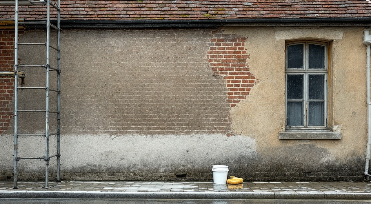Mur de silex et de brique en cours de nettoyage de fin de chantier, partie basse propre et partie haute encore marquée de projections de mortier.