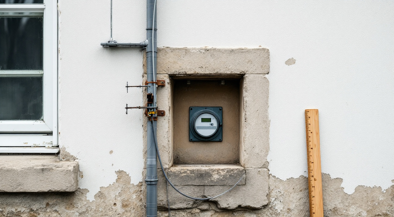 Détail d'une façade avant ravalement : câble télécom agrafé, support d'antenne rouillé et niche de coffret de comptage, avec repères de position tracés sur le mur.