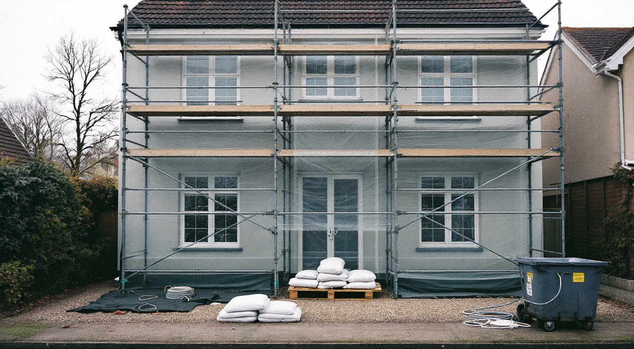 Façade de maison sous échafaudage, fenêtres protégées par un film et matériaux bâchés sur palette au petit matin