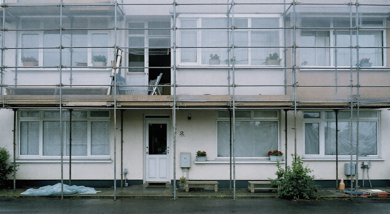 Façade d'un immeuble d'habitation échafaudée, balcons vidés et fenêtres fermées avant la phase d'enduit