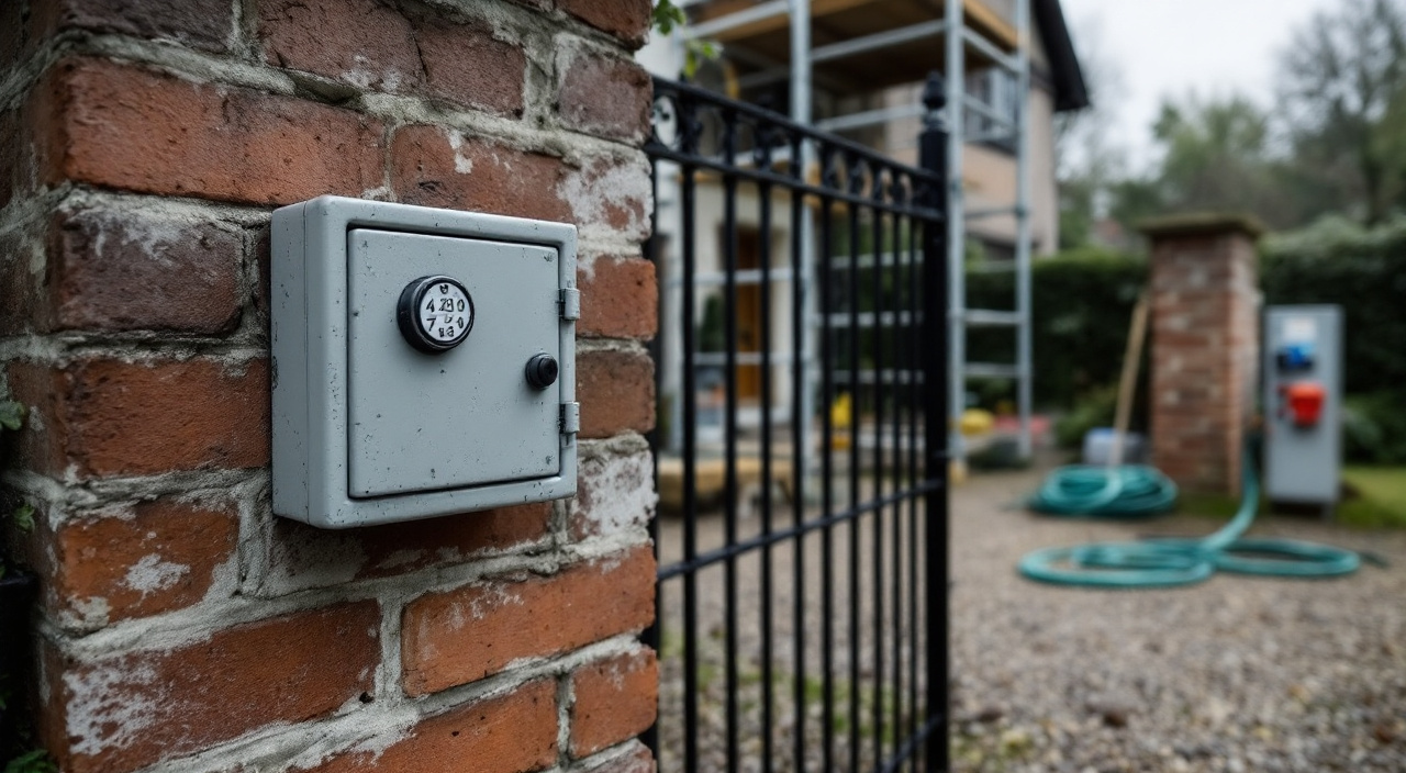 Boîte à clés à code fixée sur le pilier d'un portail devant une maison en cours de ravalement