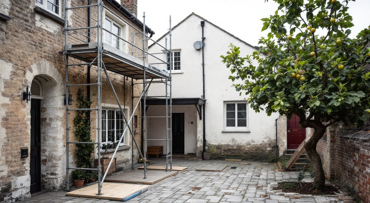 Cour arrière d'une maison de bourg en travaux, échafaudage roulant sur plaques de répartition et passage vers la rue