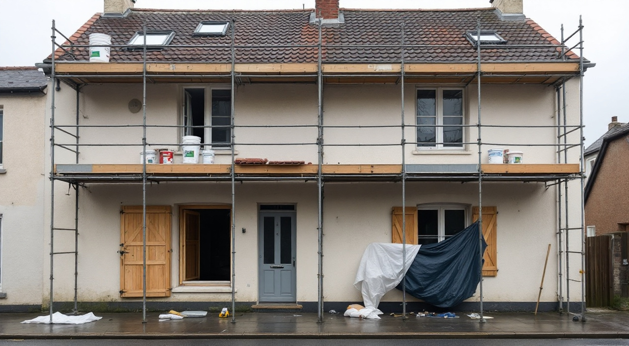 Façade en travaux avec un échafaudage partagé portant à la fois du matériel de couverture et du matériel d'enduit