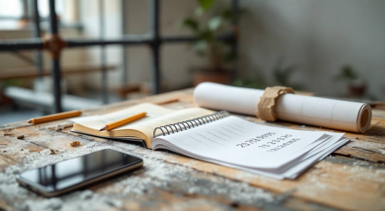Table de chantier au pied d'un échafaudage avec carnet ouvert, plan plié et téléphone posé