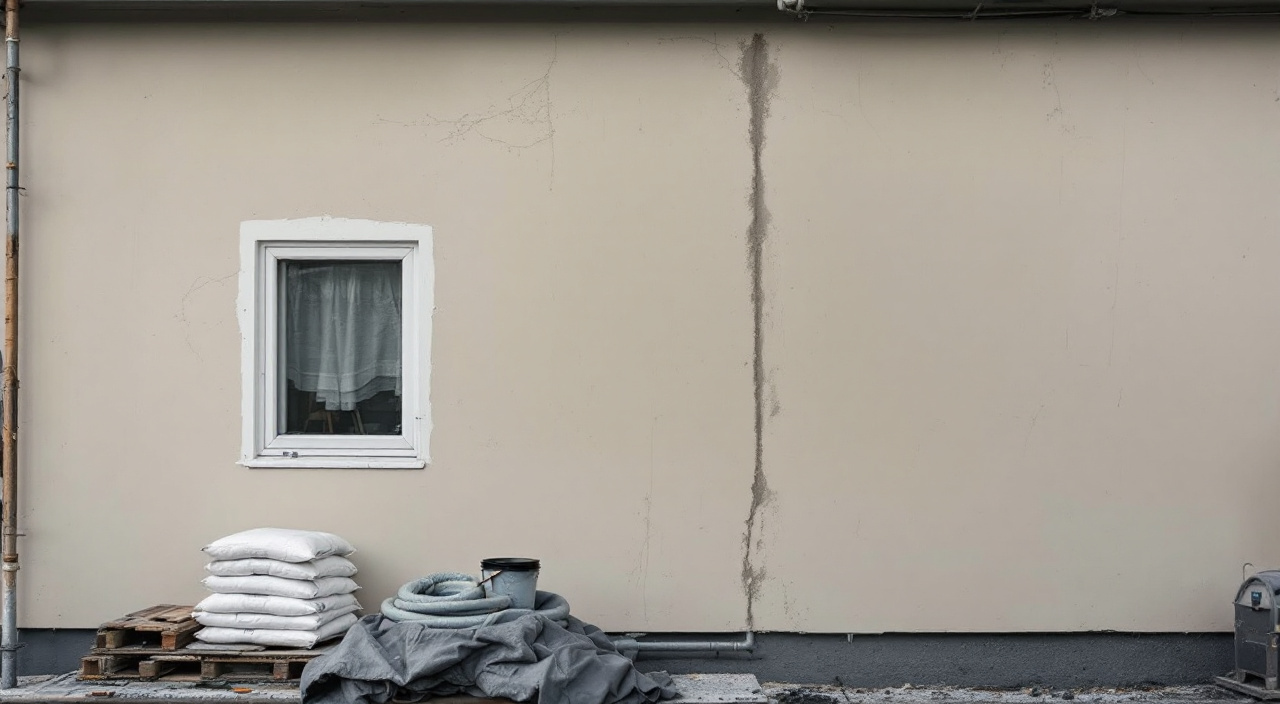Échafaudage devant une façade à moitié enduite, matériel posé sur le plancher, aucun compagnon présent