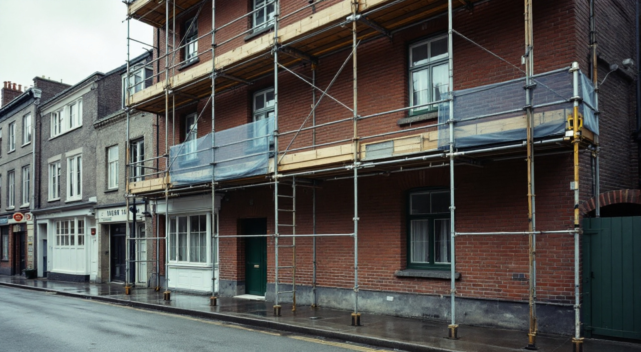 Échafaudage de quatre niveaux monté contre un immeuble de brique en rue étroite, semelles et vérins visibles au pied