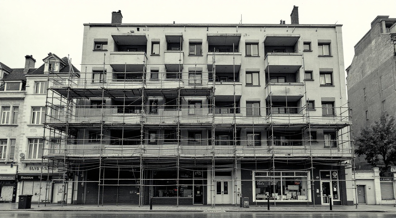 Immeuble de la Reconstruction échafaudé sur rue, avec filet de protection et passage protégé au-dessus de l'entrée