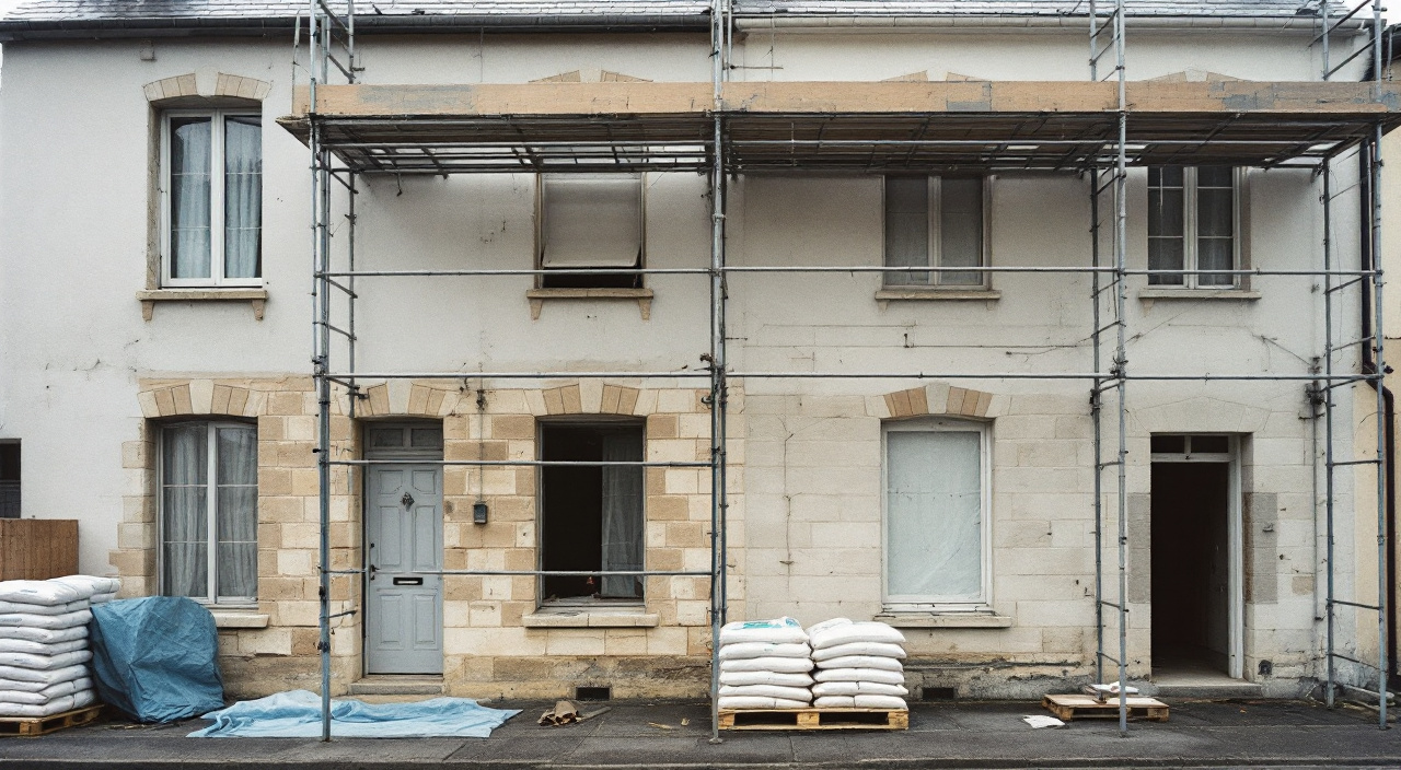 Façade en cours de ravalement sous échafaudage, un pan de mur laissé nu avec ses joints dégarnis