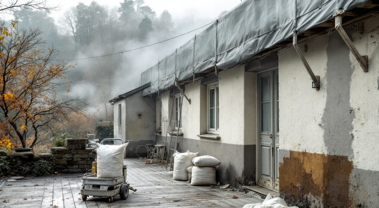 Façade de maison de vallée sous échafaudage au petit matin, bas de mur encore sombre et machine à enduire non chargée