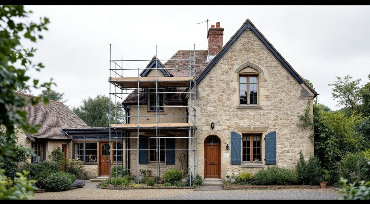 Gîte en pierre avec échafaudage limité à un pignon, façade principale et jardin dégagés