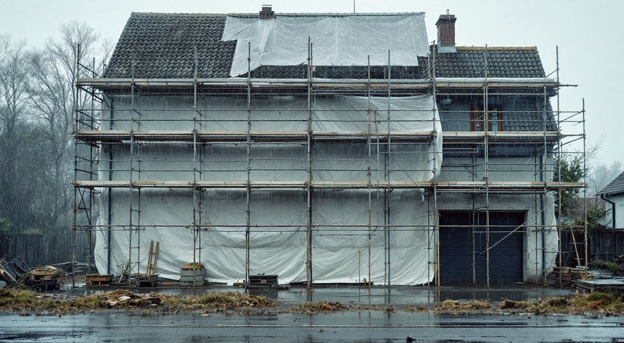 Échafaudage à l'arrêt sous la pluie devant une façade, bâche détrempée et flaques au sol.