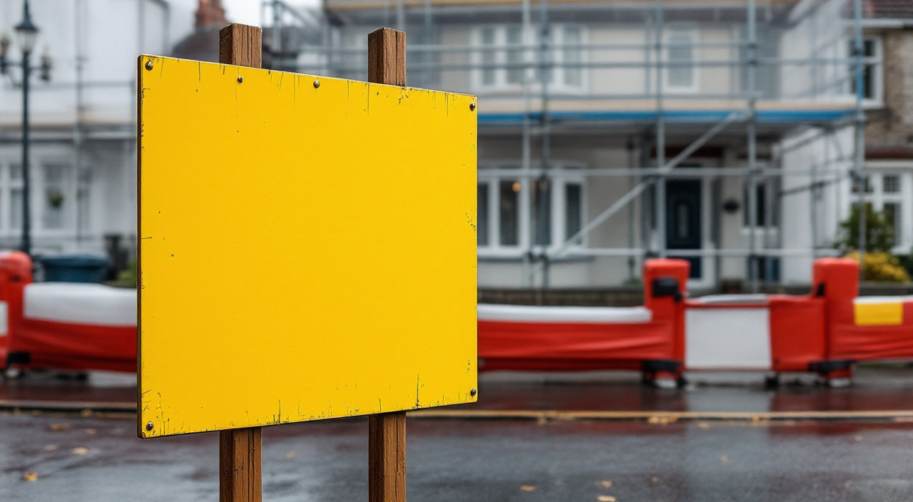 Panneau de chantier vierge planté en bord de trottoir devant une maison sous échafaudage bâché, barrières de balisage le long de la chaussée.