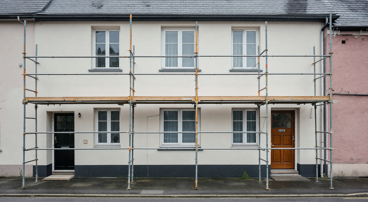 Échafaudage monté contre une façade, garde-corps et plinthes en place