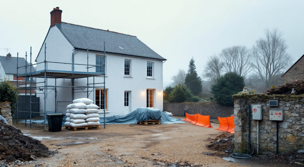 Chantier de façade en cours d'installation : échafaudage partiel, protections sur menuiseries, stockage bâché, benne et barrières