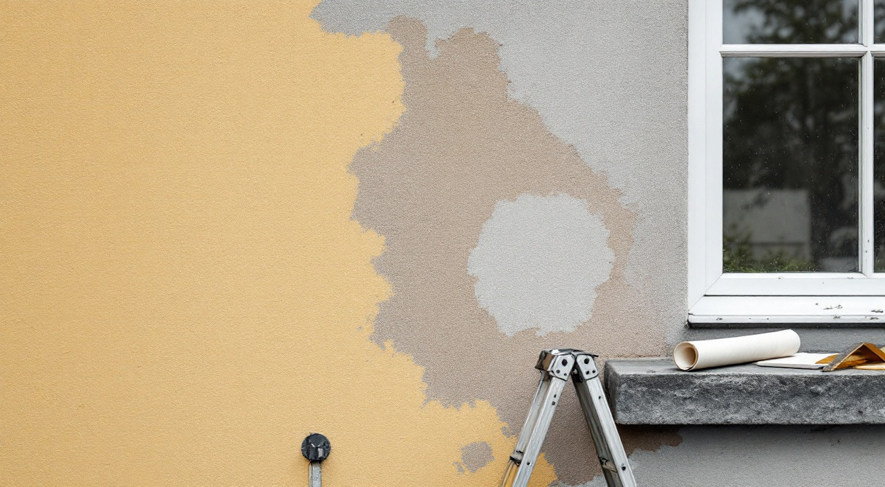 Zone de reprise d'enduit sur une façade, encore visible en lumière diffuse