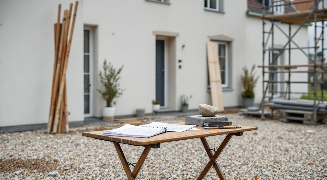 Table de chantier installée devant une maison avant le démarrage des travaux
