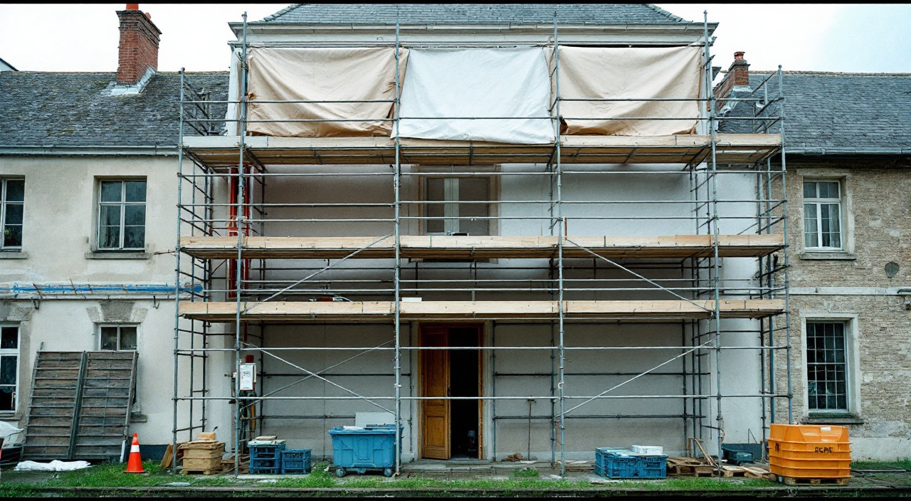 Échafaudage de façade utilisé par plusieurs corps d'état, avec zone de manutention et passage protégé au pied