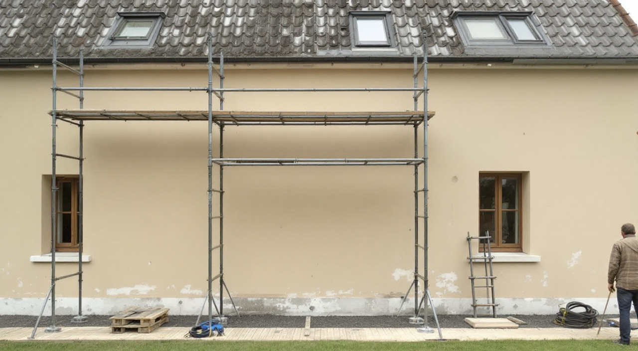 Échafaudage à demi démonté devant une façade enduite, planchers hauts retirés, trous d'ancrage rebouchés visibles sur l'enduit clair.