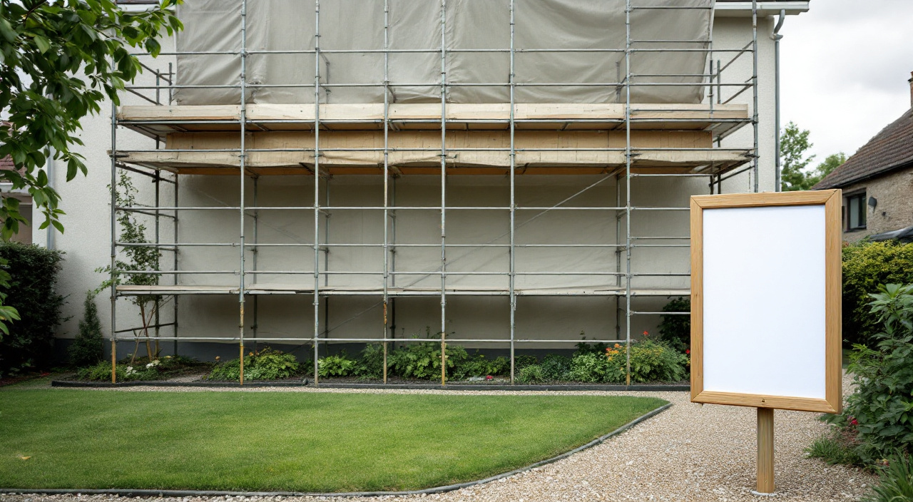 Échafaudage bâché neutre devant une maison en travaux, avec panneau de chantier vierge planté en limite de parcelle