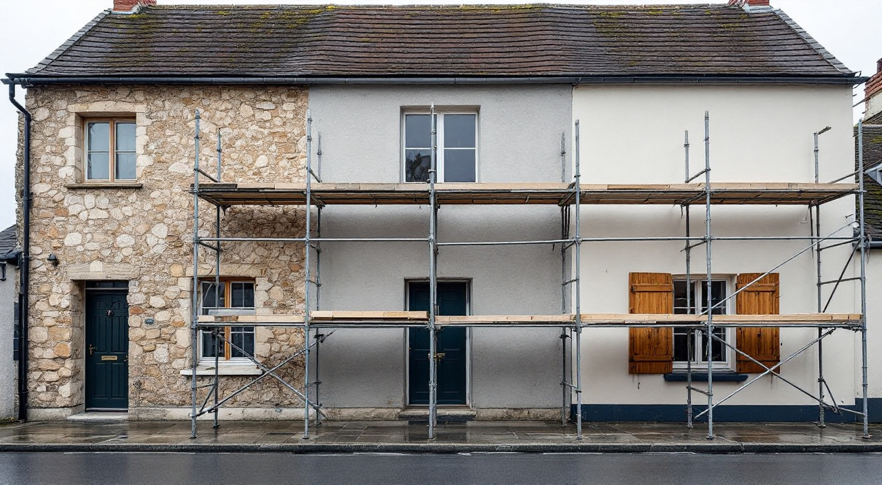 Façade en cours de ravalement montrant côte à côte le support décapé, le corps d'enduit frais et la finition durcie, derrière un échafaudage.