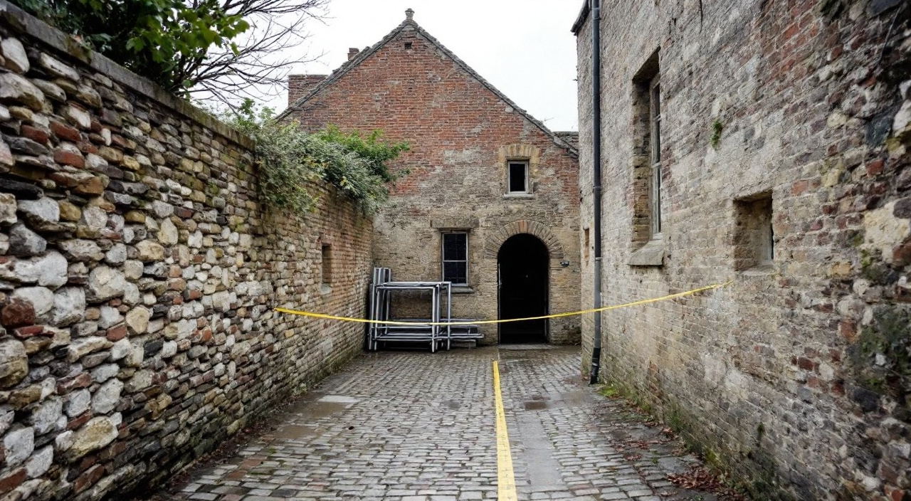 Venelle étroite entre deux murs anciens, un mètre ruban tendu en travers du passage et des éléments d'échafaudage posés contre le mur.