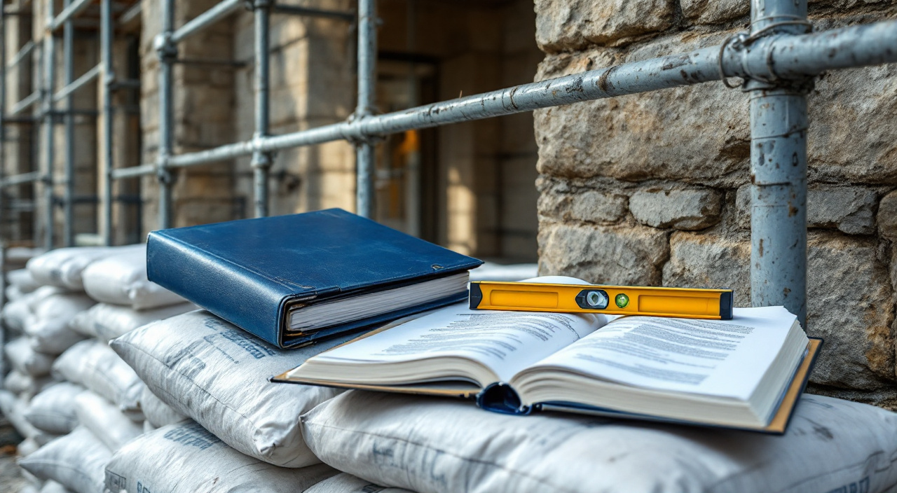 Classeur et pochette de documents posés au pied d'un échafaudage de façade