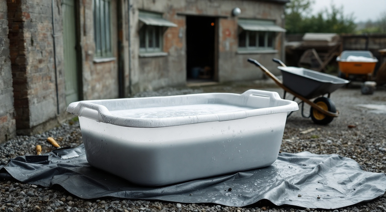 Bac de décantation rempli d'eau de rinçage trouble, posé sur une bâche à côté d'une brouette et d'outils rincés.