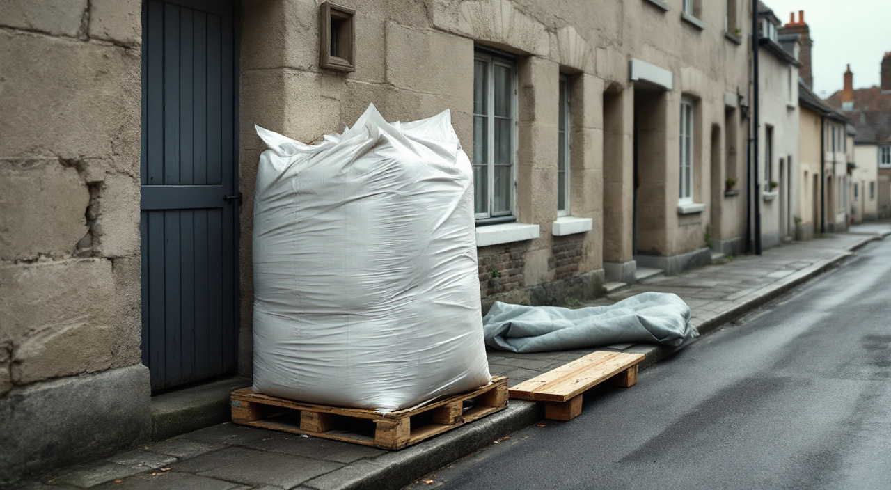 Palette de sacs d'enduit déposée sur le trottoir d'une rue étroite, film déchiré, bâche pliée et cales de bois posées à côté