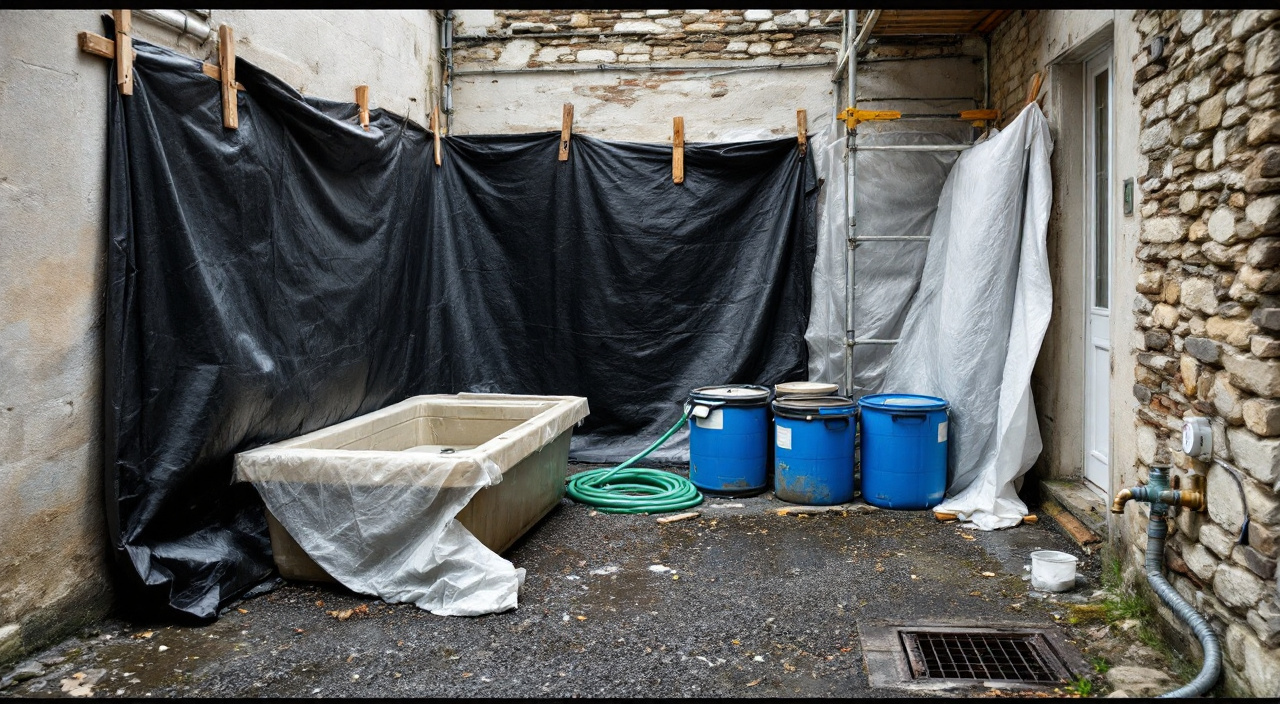 Aire de lavage d'un chantier de façade : bâche à bords relevés, auge et fûts de décantation devant un mur de silex et calcaire