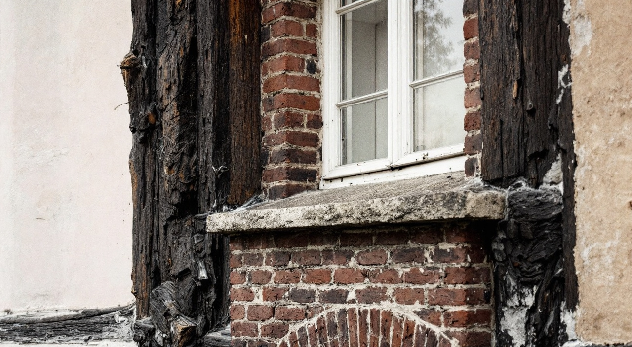 Détail d'une façade à pan de bois avec remplissage en brique, jonction bois-remplissage et appui de fenêtre