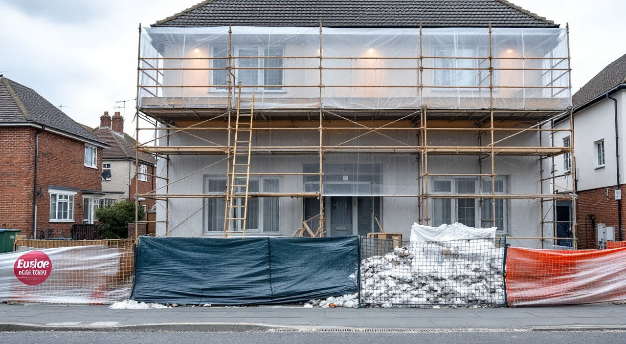 Façade en chantier bâchée de blanc, goulotte à gravats fermée et cheminement piéton protégé le long du trottoir