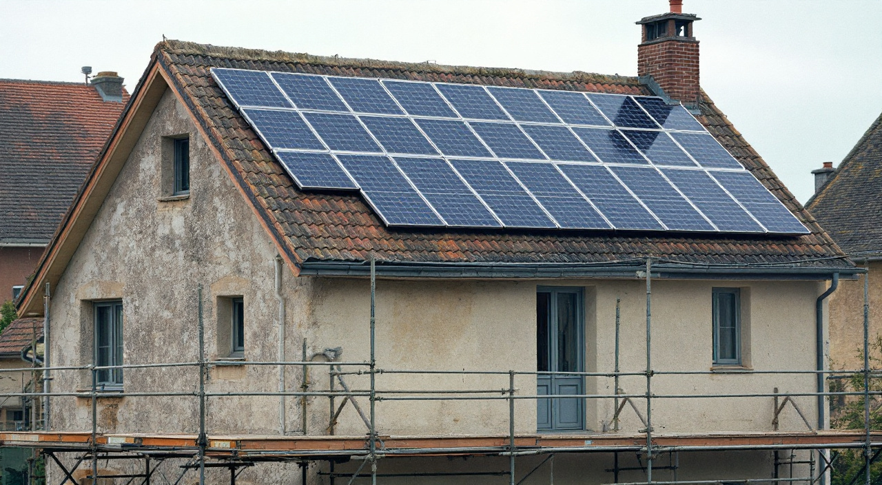Panneaux photovoltaïques en toiture vus depuis le dernier plancher d'un échafaudage de façade