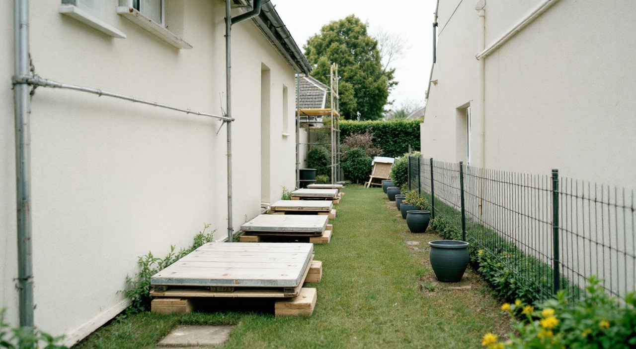 Pieds d'échafaudage posés sur des plaques de répartition dans le jardin voisin, le long d'un pignon enduit