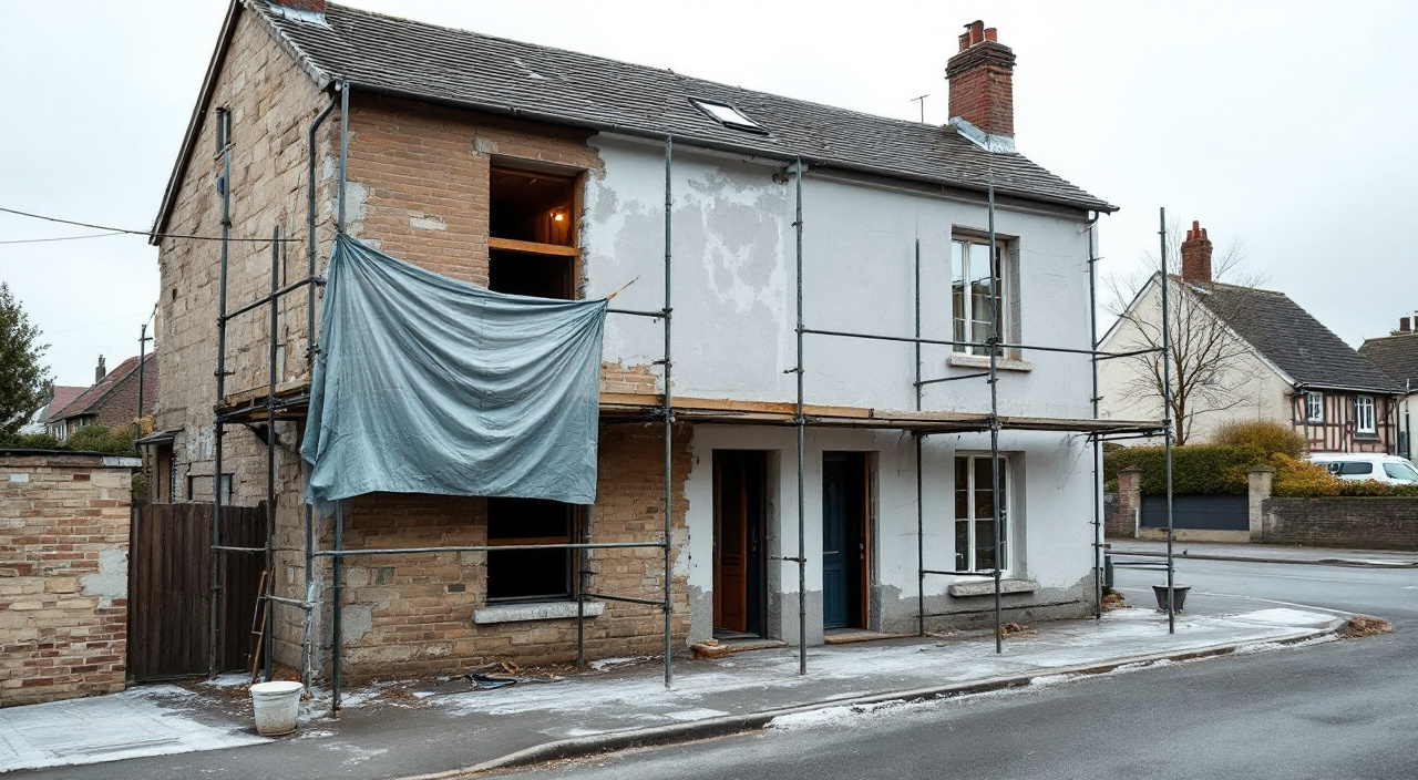 Échafaudage laissé en place devant une façade à demi enduite, chantier désert