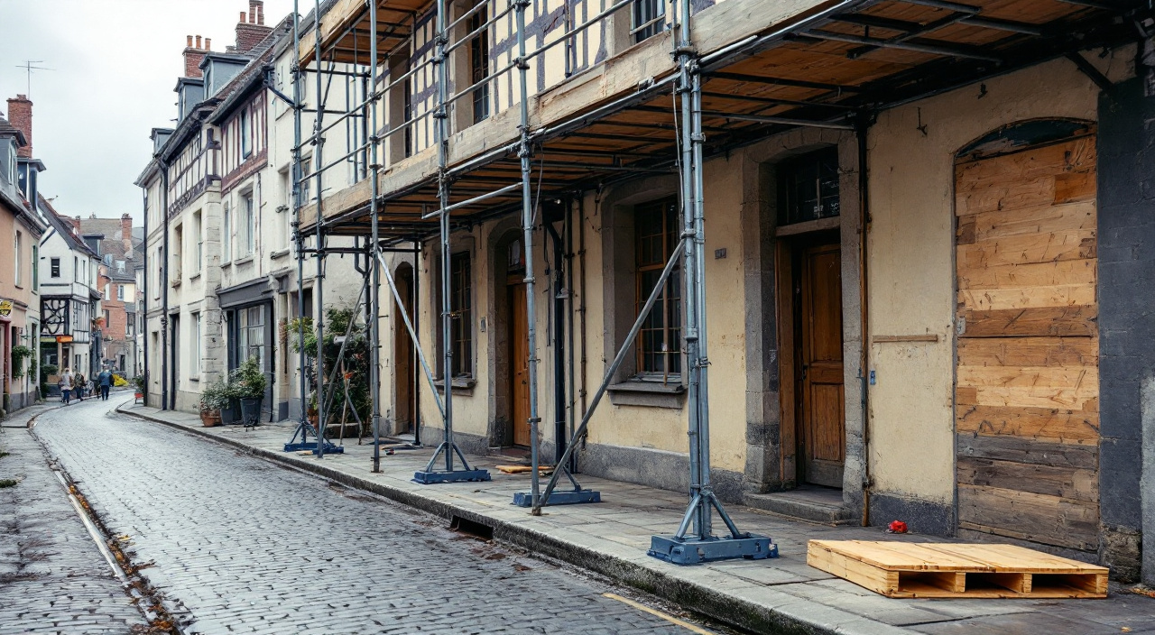 Pied d'échafaudage calé sur semelles bois et vérins devant une maison à pans de bois, sur un trottoir pavé en pente d'une rue étroite