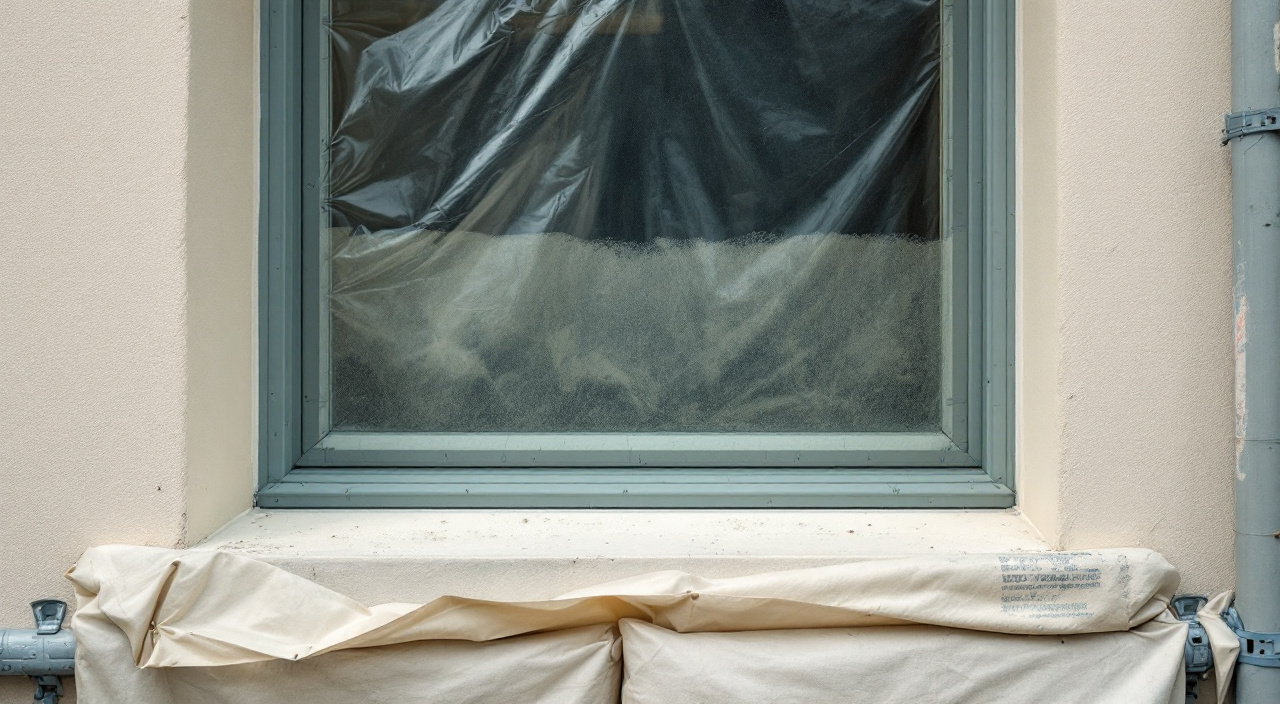 Fenêtre protégée par un film plastique, appui en pierre taché de projections d'enduit et dallage bâché au pied d'une façade en cours de ravalement