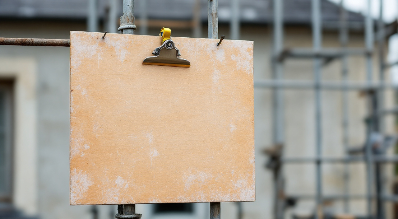 Panneau de bois fixé sur un montant d'échafaudage devant une façade en cours d'enduit, avec porte-bloc et mètre ruban accrochés