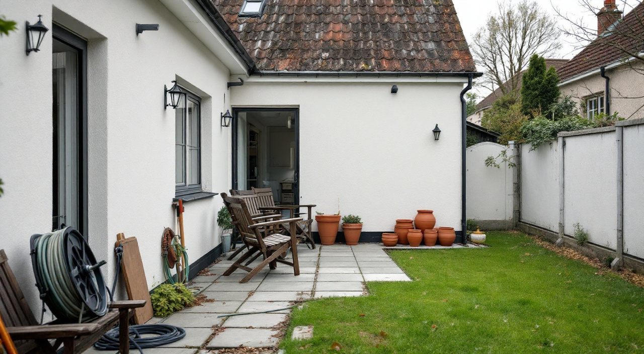 Terrasse dégagée au pied d'une façade avant le montage d'un échafaudage, mobilier et pots de fleurs éloignés du mur
