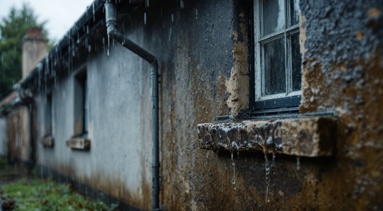 Façade enduite neuve détrempée par la pluie, avec zones plus claires sous les débords et l'eau s'écoulant d'un appui