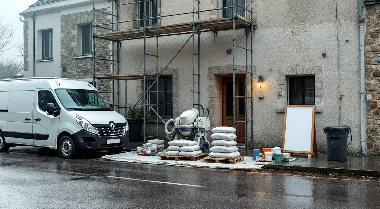 Deux jeux d'outils distincts et deux fourgons au pied d'un échafaudage de façade, au petit matin