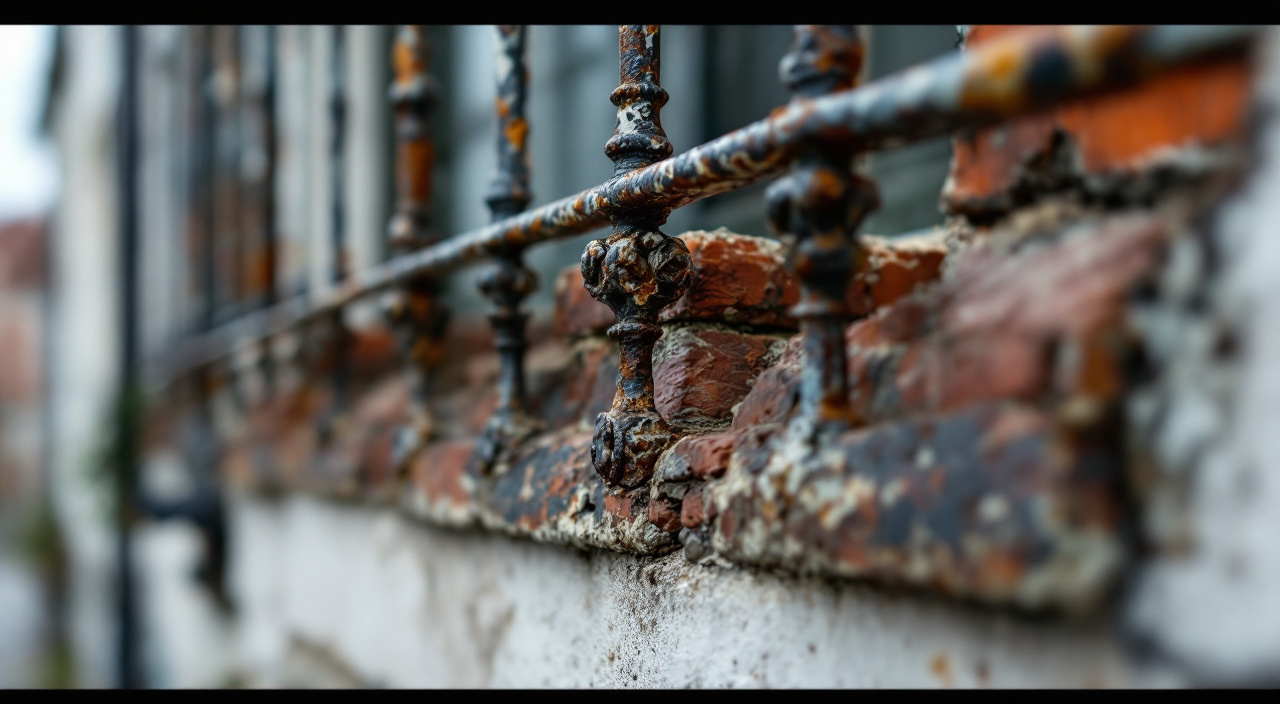 Garde-corps en fer forgé rouillé scellé dans la maçonnerie d'une façade de bourg, avec fissuration autour de l'ancrage