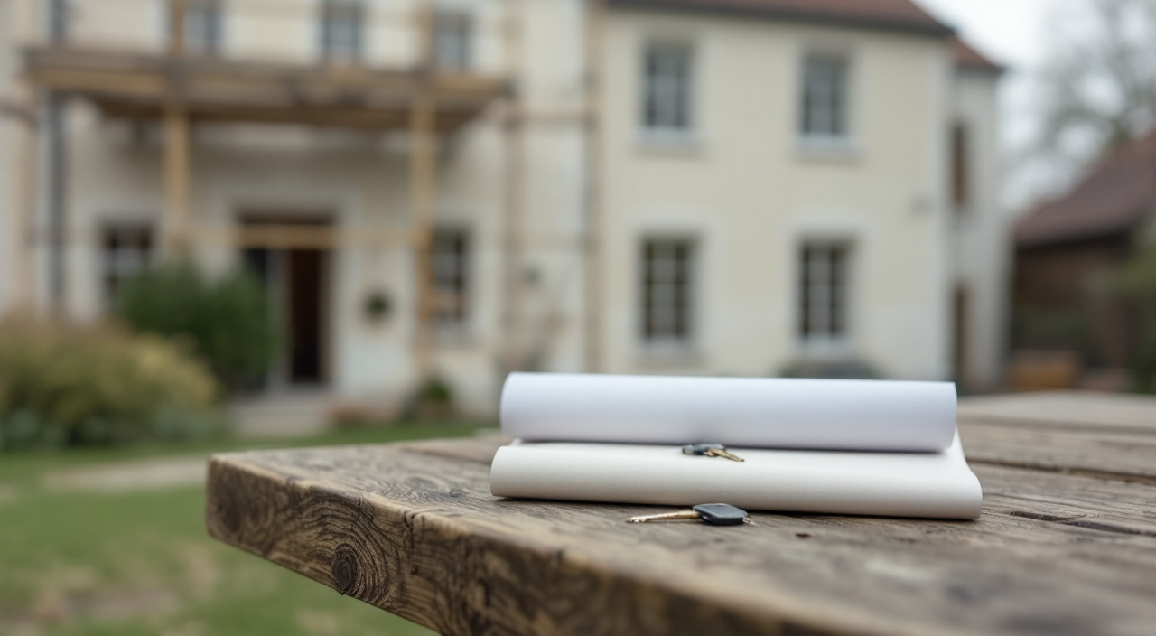 Document plie et trousseau de cles sur une table devant une facade fraichement enduite