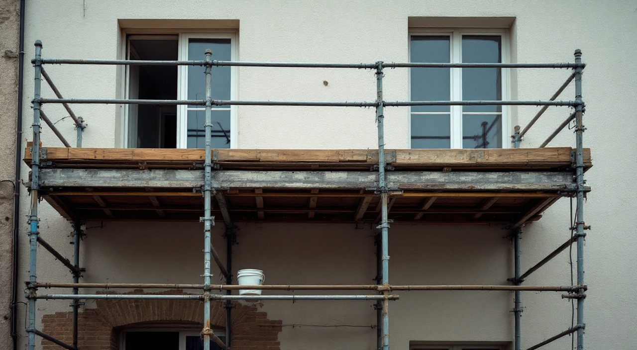 Plancher d'échafaudage vide contre une façade, avec un garde-corps présent sur une travée et absent sur la travée voisine