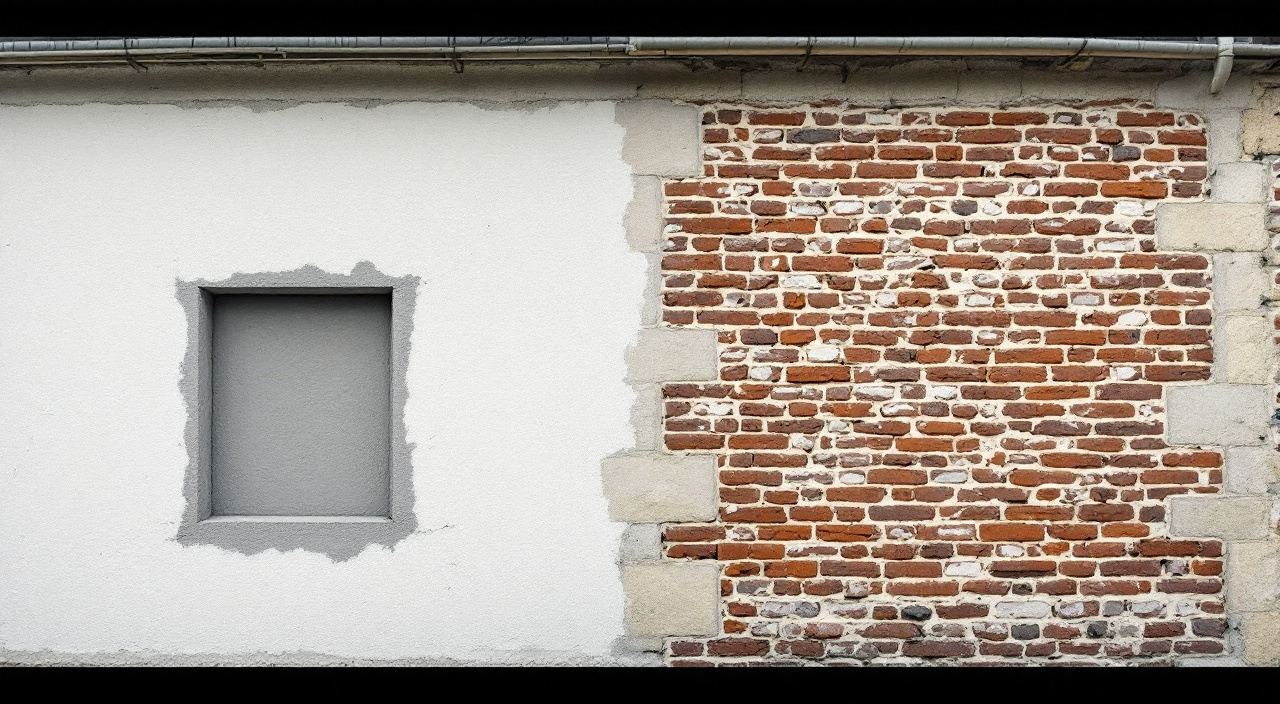 Façade en cours de ravalement, moitié gauche en support nu réparé, moitié droite couverte d'enduit de finition clair