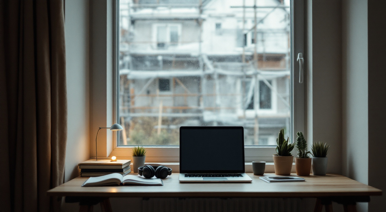 Bureau installé dans une pièce intérieure, fenêtre donnant sur un échafaudage bâché de chantier de façade