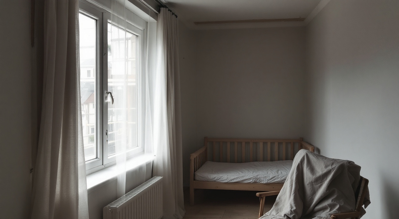 Chambre d'enfant fenêtre fermée, échafaudage bâché de filet blanc derrière la vitre